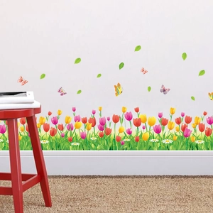 3D Tulip Floral Skirting Line Wall Sticker Removable PVC Waterproof Butterfly Wall Decal For Living Room Home Decor