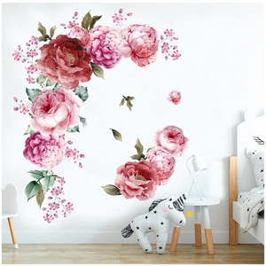 Vinilos decorativos de peonías a la acuarela para salón en un ambiente acogedor