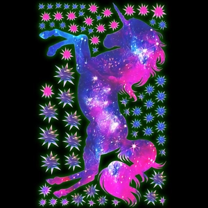 Glow in the dark unicorn and stars wall stickers with dreamlike galaxy nebula pattern