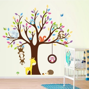 Detail of large cartoon forest wall decal with animals for kids' nursery room