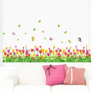 3D tulip garden wall stickers with butterflies and daisies for home wall decor
