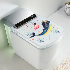 Smart white ceramic toilet with whale illustration and LED temperature display