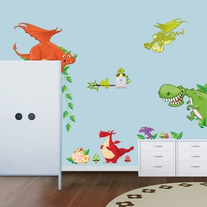 Adesivi murali con dinosauri colorati e draghi per decorare la cameretta dei bambini e asilo