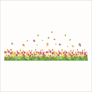 3D tulip wall sticker featuring colorful flowers, butterflies, and green grass border