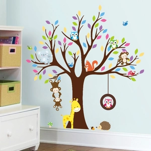 Detail of cartoon forest animals and tree 3D wall stickers for kids room decoration