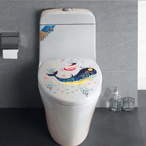 Self-adhesive blue whale wall sticker for toilet lid decoration with a girl and forest