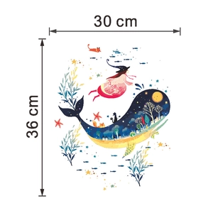 Cartoon whale wall sticker with girl and fox motifs for kids room decor 30x36cm
