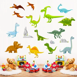 Bunte Cartoon-Dinosaurier-Wandaufkleber mit T-Rex und Triceratops für Kinderzimmer