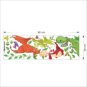Dettaglio del foglio di adesivi murali dinosauri 90x30cm con figure cartoon e piante