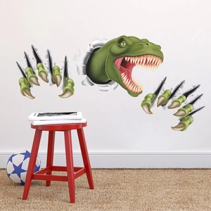 3D realistic green dinosaur wall stickers for children bedroom with broken wall visual effect