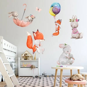 Watercolor animal wall stickers with rabbits and foxes for kids nursery room decoration