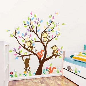 Vibrant 3D wall stickers featuring monkeys, owls and forest animals for nursery decor