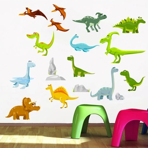 Detailansicht bunter Cartoon-Dinosaurier-Wandsticker-Set in einem hellen Kinderzimmer