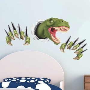 Detail of 3D cartoon dinosaur wall sticker with cracked wall effect for kids bedroom decor