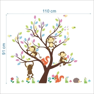 Cartoon animal tree wall stickers for kids rooms featuring monkeys and owls 110x91cm