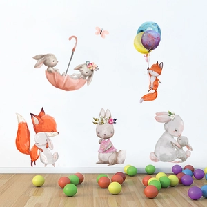 Cartoon animal wall stickers with rabbits and foxes in watercolor style for nursery decor