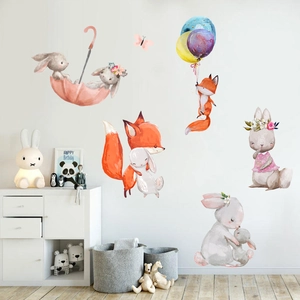 Watercolor bunny and fox wall stickers with balloons and umbrellas for kids room decor