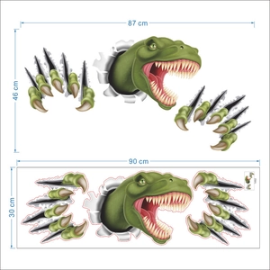 3D realistic dinosaur wall decal with green T-Rex breaking through wall for kids' bedroom