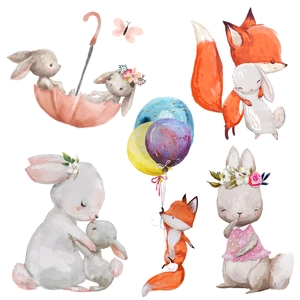 Watercolor bunny and fox wall stickers with balloons and umbrellas for nursery decor