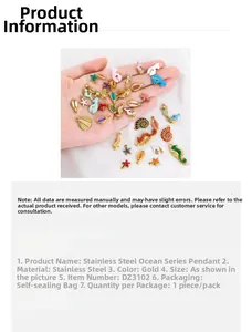 Detailed spec sheet showing 304 stainless steel ocean charms with colorful enamel finish