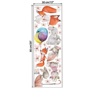 Layout detail of cartoon rabbit fox and balloon wall stickers showing 30x90cm dimensions