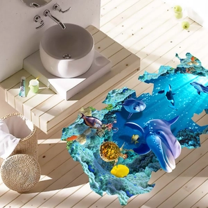 Λεπτομερές 3D αυτοκόλλητο δαπέδου βυθού με δελφίνια και χελώνες σε μπάνιο