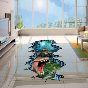 3D αυτοκόλλητο δαπέδου με δεινόσαυρο T-Rex και δάσος σε ένα μοντέρνο φωτεινό σαλόνι
