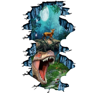 Λεπτομέρεια 3D αυτοκόλλητου τοίχου με T-Rex που σπάει το σκηνικό δάσους με φεγγαρόφωτο