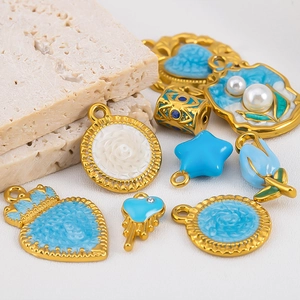 Alloy Enamel Blue Flower Heart Star Pendants For DIY Bracelet Necklace Making Rhinestone Artificial Pearl Charms Jewelry Accessories