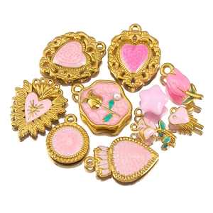 Pendentif Cœur en Acier Inoxydable avec Émail Rose pour la Fabrication de Bijoux DIY Rose Tulipe Étoile Accessoire