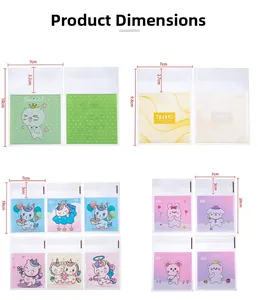 Detailed size chart for cartoon self-adhesive packaging bags with diverse measurements