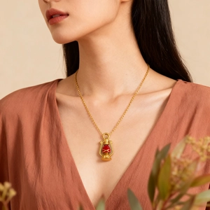 Collar con colgante de lámpara de queroseno de acero inoxidable 304 y esmalte rojo