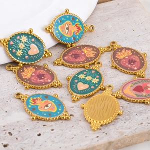 Bohemian 304 stainless steel oval pendants with vintage enamel heart and sun patterns