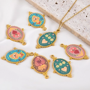 Stainless Steel Oval Sacred Heart Evil Eye Pendant Enamel Vintage Bohemian Jewelry Making Charms For Necklace Bracelet