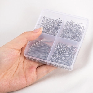 DIY jewelry kit with stainless steel ball, eye, and T-pins in a clear storage box