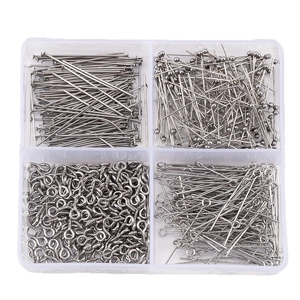 DIY jewelry kit with stainless steel head pins, eye pins and screw eye pins in a storage box