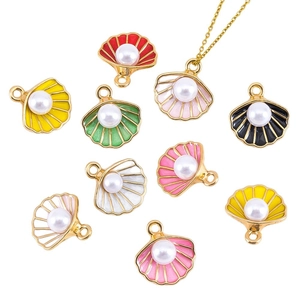 Colorful alloy shell pendants with faux pearls and gold trim for DIY necklaces