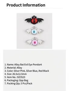 Detailed size view of dark gothic bat evil eye charms with red, blue and pink wings