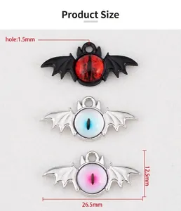 Detailed view of Gothic bat wing devil eye pendants in multiple colors and dimensions