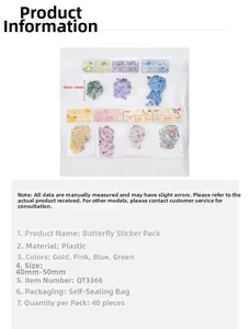 Detailed view of colorful PET butterfly stickers in blue gold pink and green sets