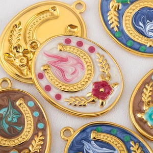 Golden stainless steel horseshoe and rose enamel pendant charms for DIY jewelry