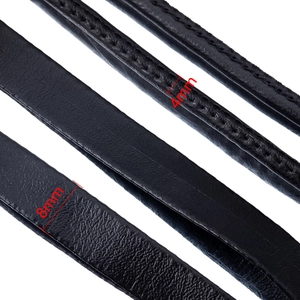 Black round and flat PU leather cord with fine stitching in 4mm and 8mm sizes