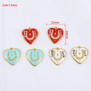 Horseshoe heart pendant with rhinestones and Good Luck engraving in three colors