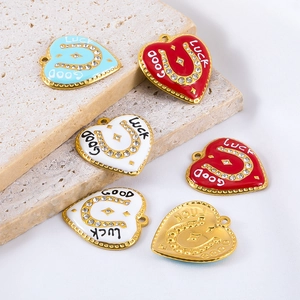Stainless Steel Heart Horseshoe Pendant Good Luck Rhinestone Enamel Charm For DIY Bracelet Necklace Jewelry Making Accessory