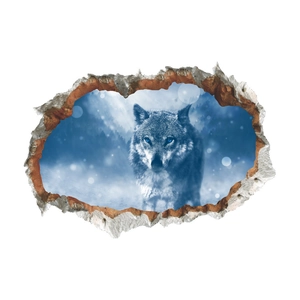 Creative 3D wall sticker featuring a blue-eyed wolf and realistic broken wall effect