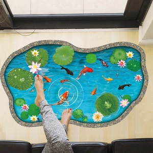 3D koi pond floor sticker with lotus flowers and stones on light wood flooring