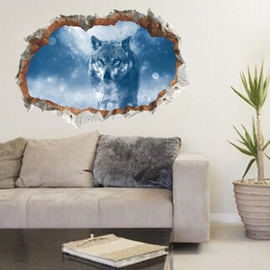 3D wall sticker with wolf staring through a broken wall effect for living room decor