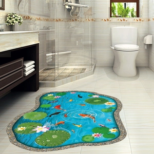 3D lotus pond floor sticker with colorful koi fish for bathroom decoration