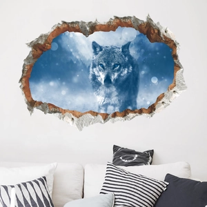 3D cracked wall decal featuring a blue-eyed wolf and snowy forest for home decor