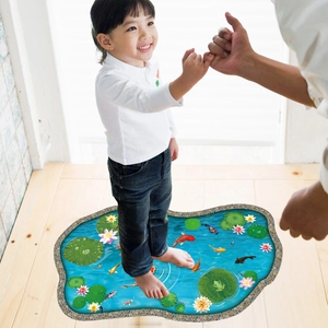 Detailed realistic 3D koi pond floor sticker with lotus and pebbles for home decoration